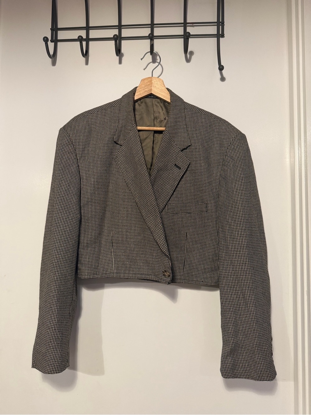 Cropped Houndstooth Blazer Jacket - Women's Gray